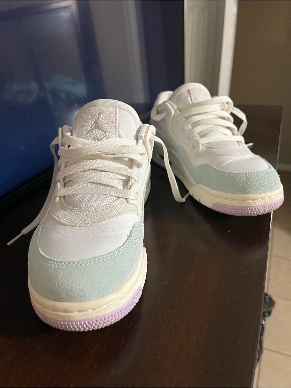 Jordan White Sneakers with Light Blue and Pastel Purple Accents